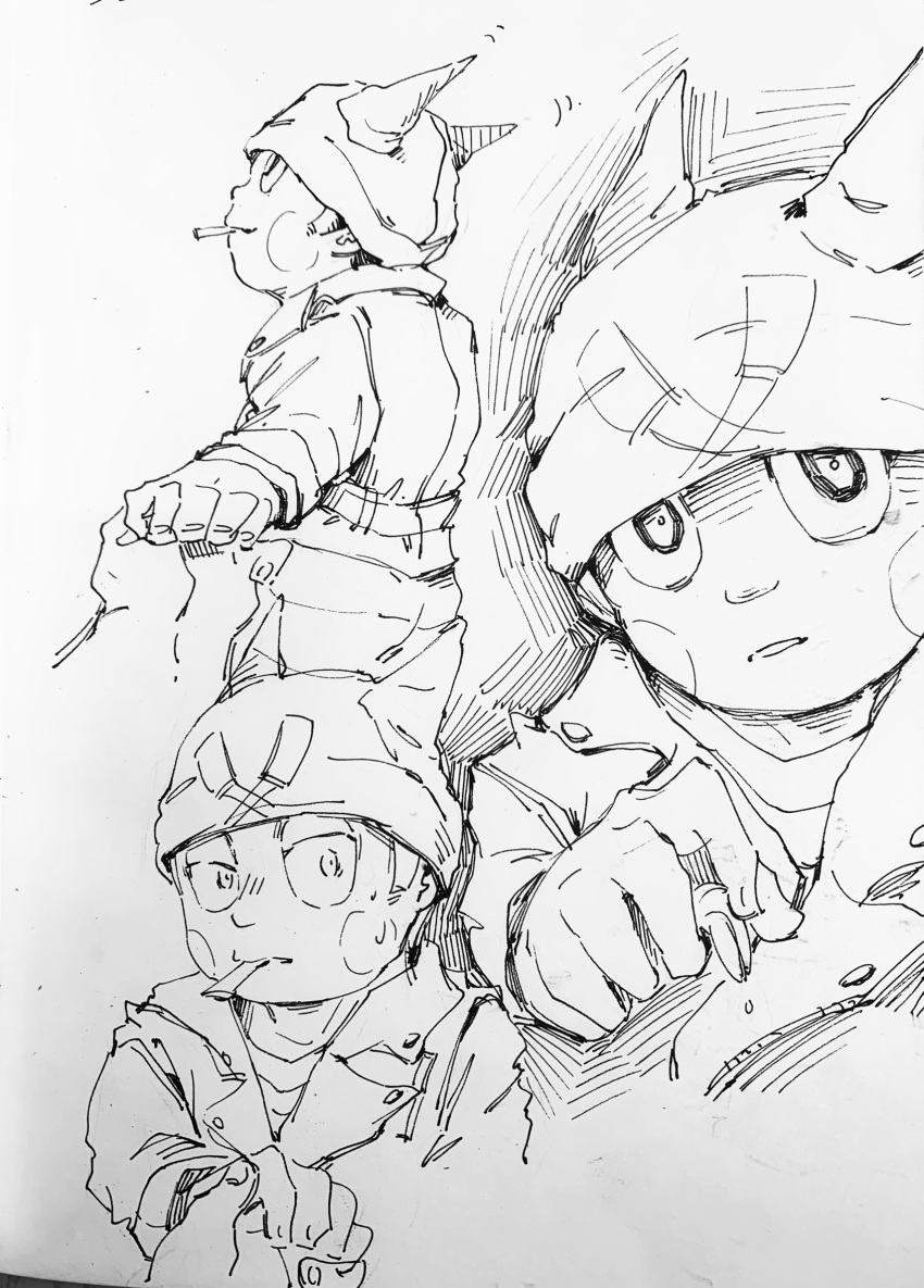 1boy, beanie, blush_stickers, buttons, cigarette, collared_jacket, commentary, cropped_legs