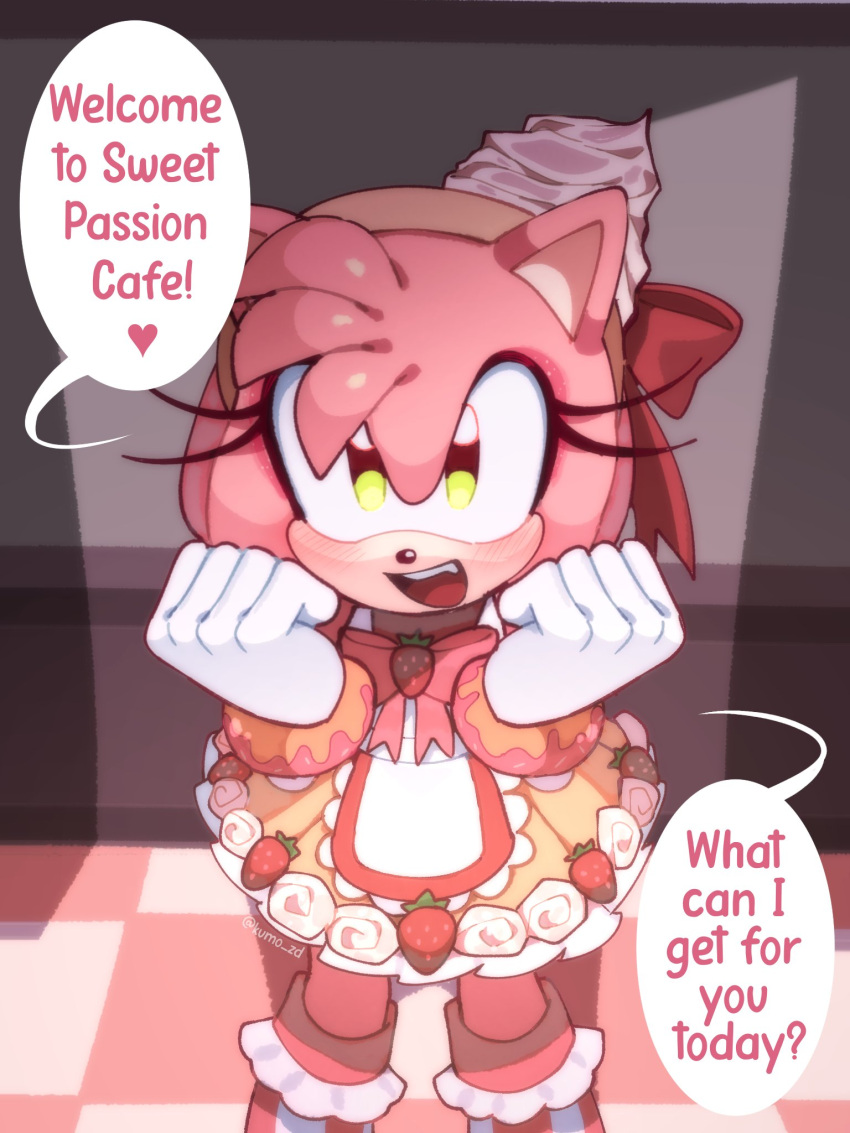 1girl, amy_rose, amy_rose_(dulce), animal_ears, apron, boots, bow, bowtie, commentary, dress, english_commentary, english_text, food, food-themed_clothes, frills, fruit, furry, furry_female, green_eyes, hair_ribbon, hedgehog_girl, highres, kumo_zd, lolita_fashion, looking_at_viewer, official_alternate_costume, open_mouth, pink_fur, pink_hair, ribbon, smile, solo, sonic_(series), sonic_dash, sonic_forces:_speed_battle, speech_bubble, standing, strawberry, sweet_lolita, waitress