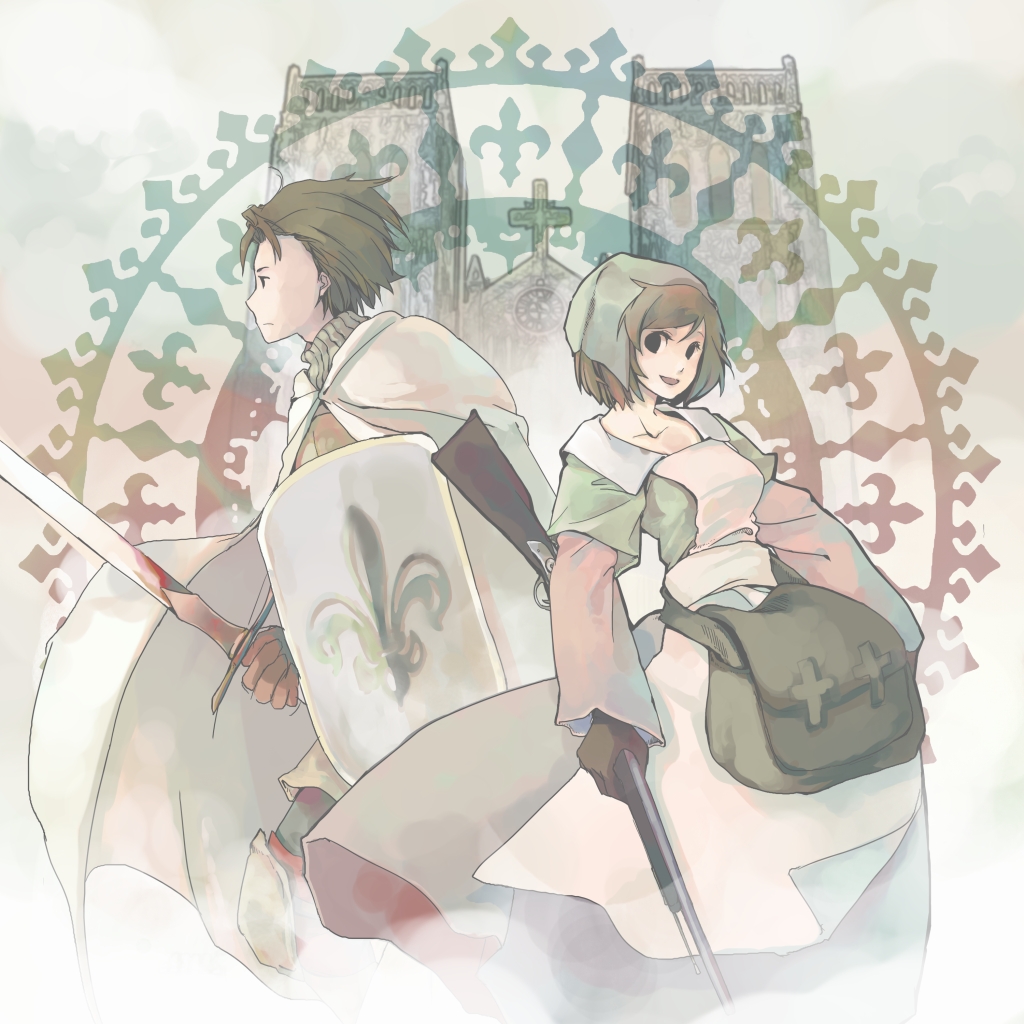 bad_id, bag, brown_hair, cape, chemist_(fft), final_fantasy, final_fantasy_tactics, fleur_de_lis, gloves, gun, hat, knight_(fft), murakami_mame, pouch, rifle, shield, short_hair, sword, weapon