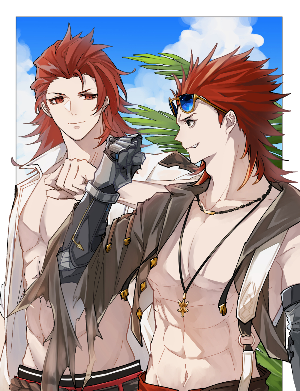 2boys, abs, bare_pectorals, eyewear_on_head, granblue_fantasy, highres, huyoyo_yo, jacket, jewelry, long_hair, male_focus, mechanical_arms, multiple_boys, necklace, pectorals, percival_(granblue_fantasy), ragazzo_(granblue_fantasy), redhead, short_hair, smile, spiky_hair, sunglasses, torn_clothes, white_jacket