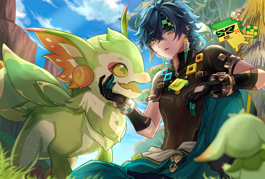 1boy, ajaw_(genshin_impact), aqua_pants, azukimaru, bandana, black_gloves, black_hair, black_shirt