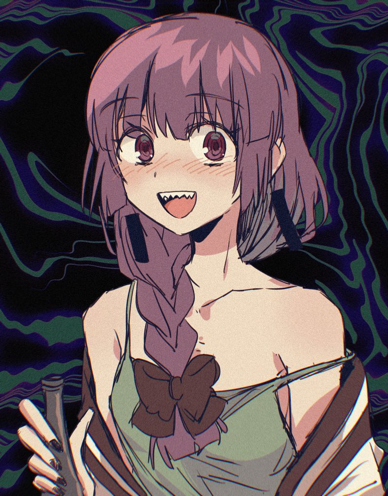 1girl, abstract_background, alcohol, bare_shoulders, black_bow, black_nails, blunt_bangs, blush