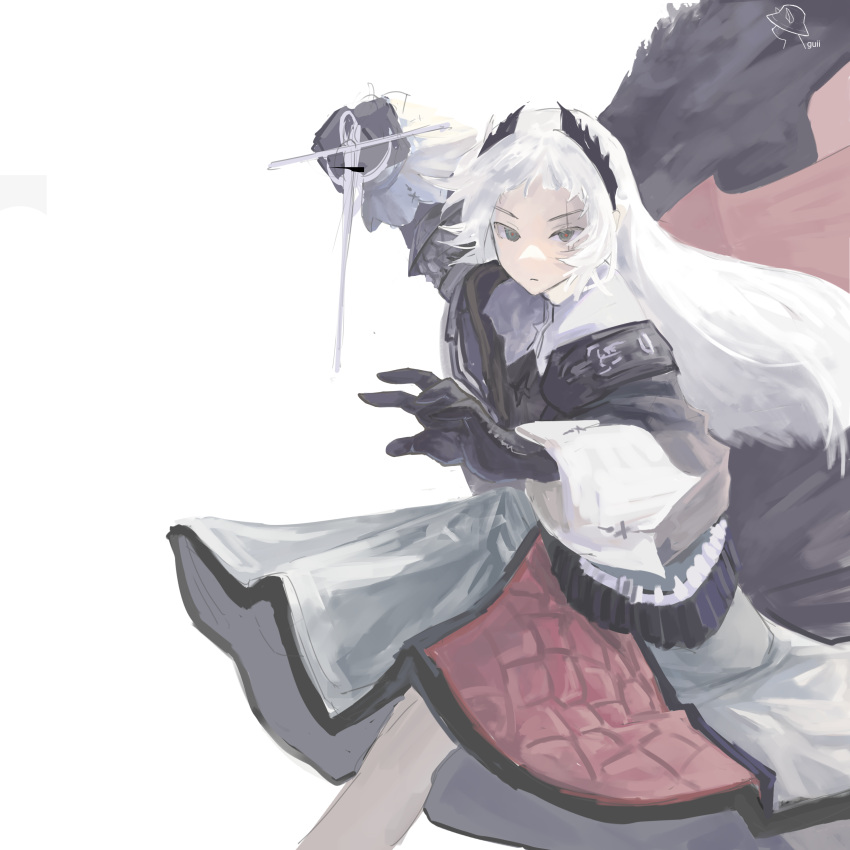 1girl, absurdres, arknights, black_gloves, black_jacket, capelet, commentary, dynamic_pose, english_commentary, gloves, green_eyes, guii1210, head_wings, highres, holding, holding_sword, holding_weapon, irene_(arknights), jacket, long_hair, pink_pupils, pink_ribbon, pink_skirt, rapier, ribbon, scar, scar_across_eye, scar_on_face, signature, simple_background, skirt, solo, sword, two-tone_skirt, weapon, white_background, white_capelet, white_hair, white_skirt, white_sleeve_cuffs, wings
