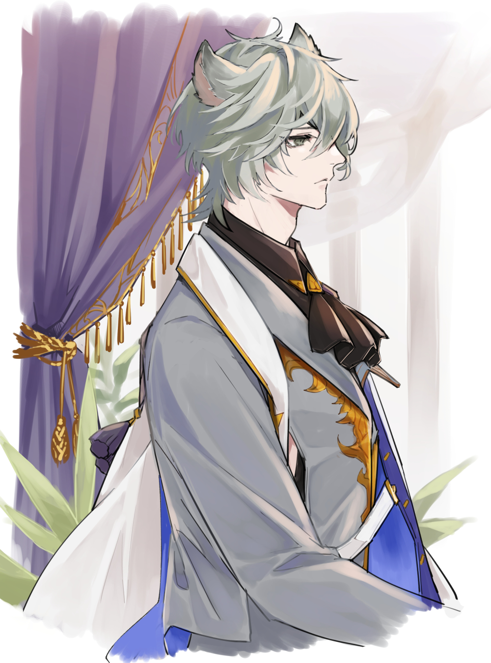 1boy, animal_ears, ascot, collared_shirt, curtains, erune, eyepatch, granblue_fantasy