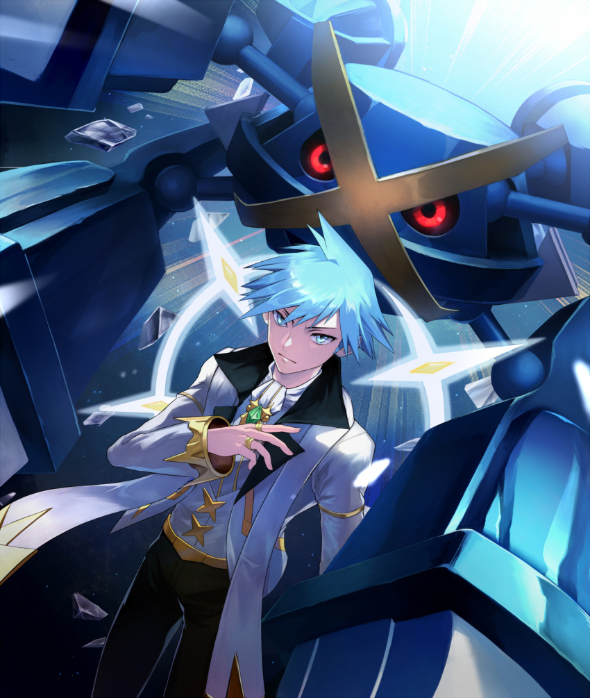 1boy, blue_eyes, blue_hair, closed_mouth, gem, highres, jacket, jewelry, long_sleeves, looking_at_viewer, mega_metagross, mega_pokemon, metagross, official_alternate_costume, pants, pokemon, pokemon_(creature), pokemon_masters_ex, red_eyes, ring, short_hair, smile, spiky_hair, steven_stone, steven_stone_(arc_suit), tsu_(md_tsune), white_jacket