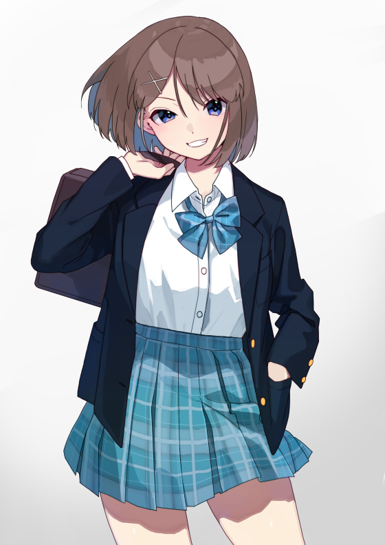 1girl, ascot, bag, blazer, blue_eyes, breasts, brown_hair, cowboy_shot