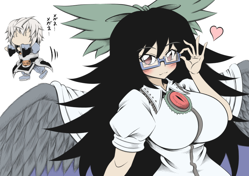 1boy, 1girl, 3_3, :3, adjusting_eyewear, black_hair, bow, breasts