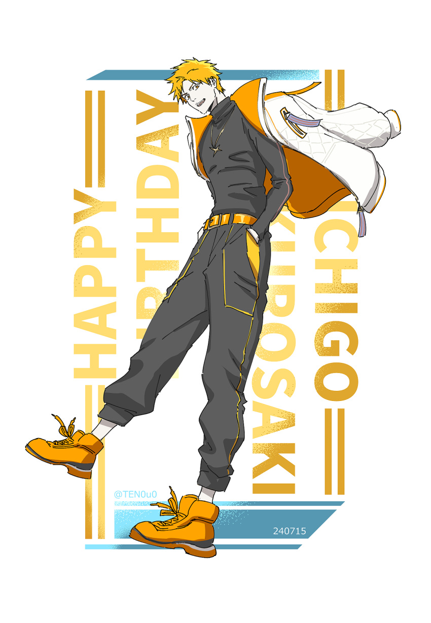 1boy, :d, artist_name, belt, black_pants, black_shirt, bleach, brown_eyes