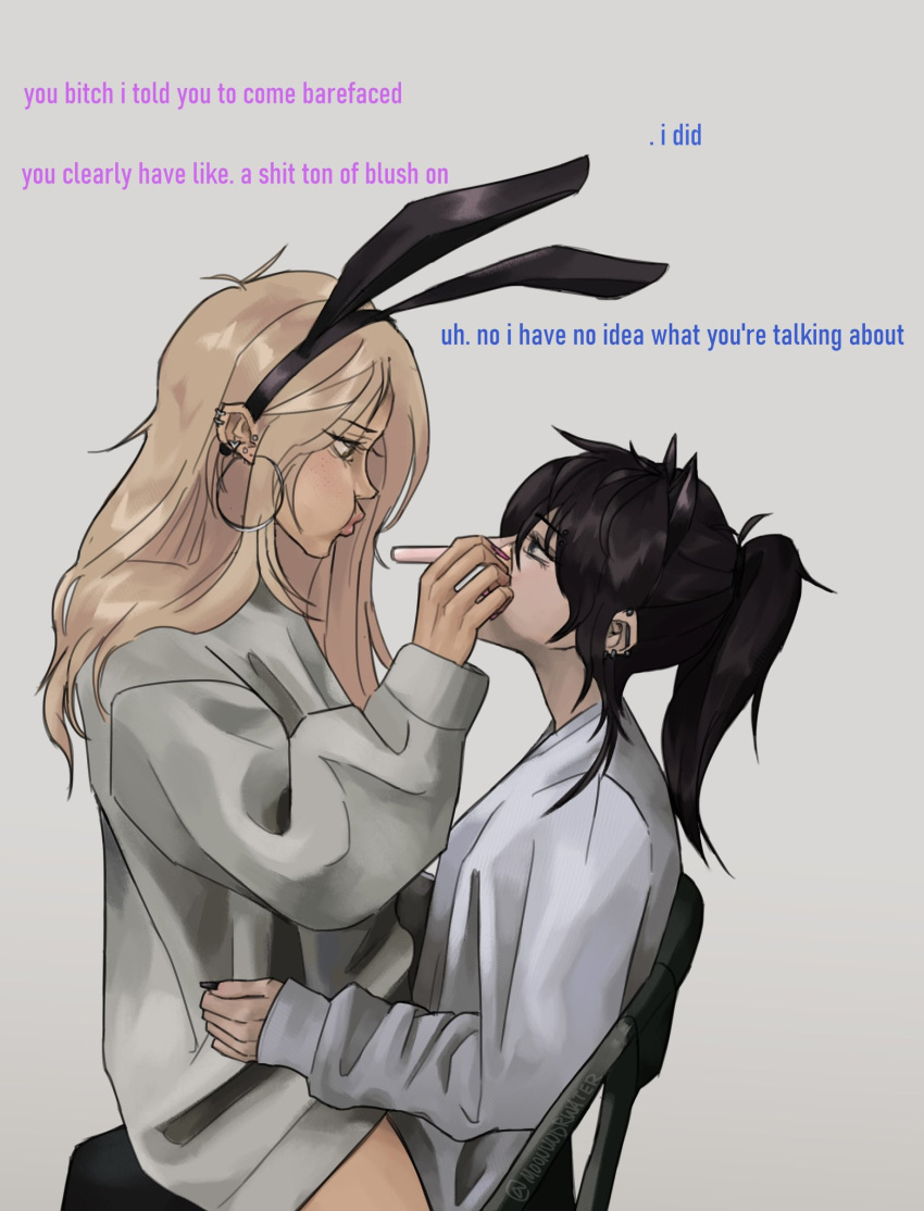 2girls, alternate_costume, animal_ears, applying_makeup_on_another, black_hair, black_nails, black_pants, blonde_hair