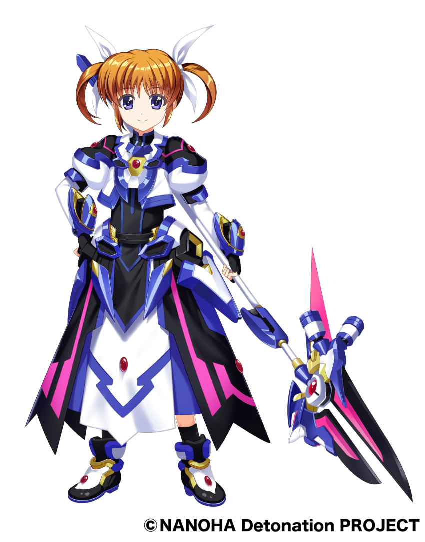 1girl, absurdres, armor, armored_dress, black_gloves, brown_hair, cropped_jacket, fingerless_gloves, fujima_takuya, full_body, gloves, hand_on_own_hip, highres, holding, holding_polearm, holding_weapon, left-handed, lyrical_nanoha, magical_girl, mahou_shoujo_lyrical_nanoha_detonation, official_art, polearm, raising_heart, raising_heart_estrea, short_twintails, solo, straight-on, takamachi_nanoha, takamachi_nanoha_(formula_ii), twintails, warau_ars_notoria, weapon
