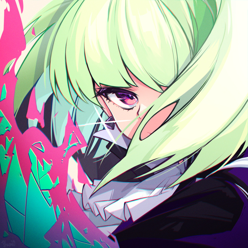 1boy, absurdres, ascot, close-up, commentary, earrings, glint, green_hair