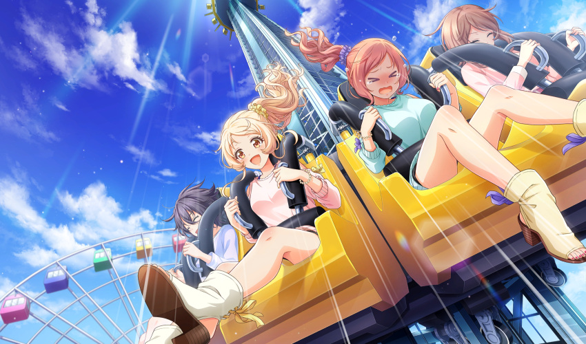 >_<, 4girls, :d, aisaka_koko, amusement_park, aqua_shirt, black_hair, blonde_hair