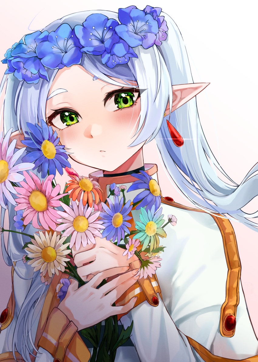1girl, :/, absurdres, capelet, commentary_request, eyebrows_hidden_by_hair, flower, frieren