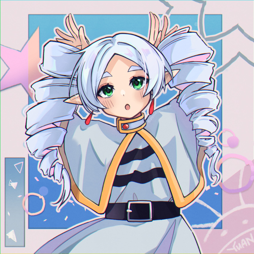 1girl, :o, absurdres, belt, black_belt, capelet, commentary, drill_hair