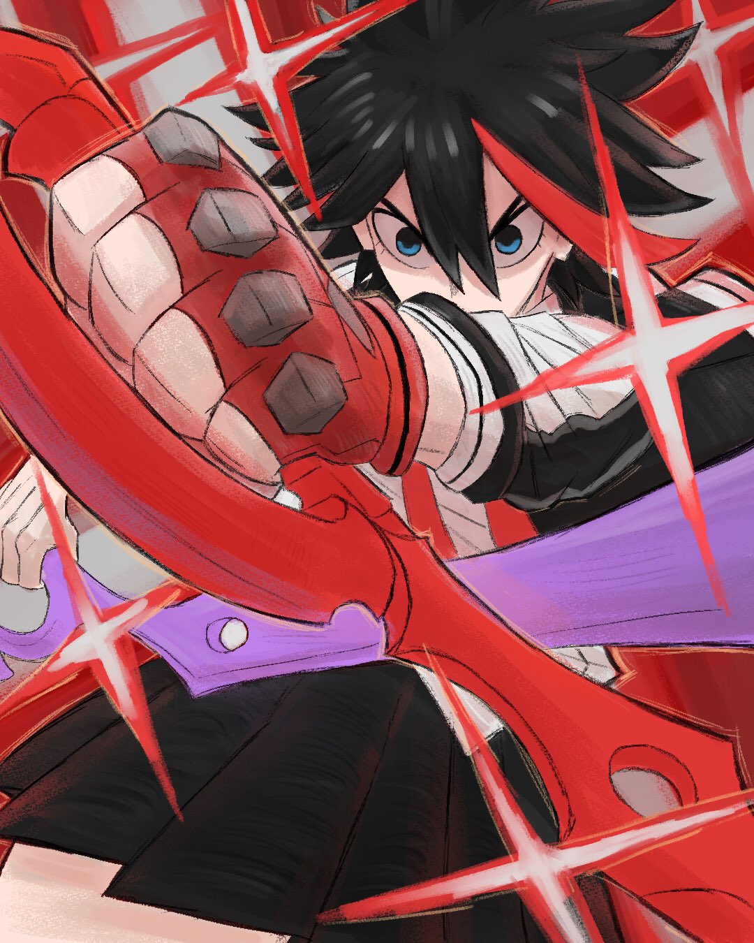 1girl, bigflorito, black_hair, blue_eyes, dual_wielding, fingerless_gloves, gloves, hair_between_eyes