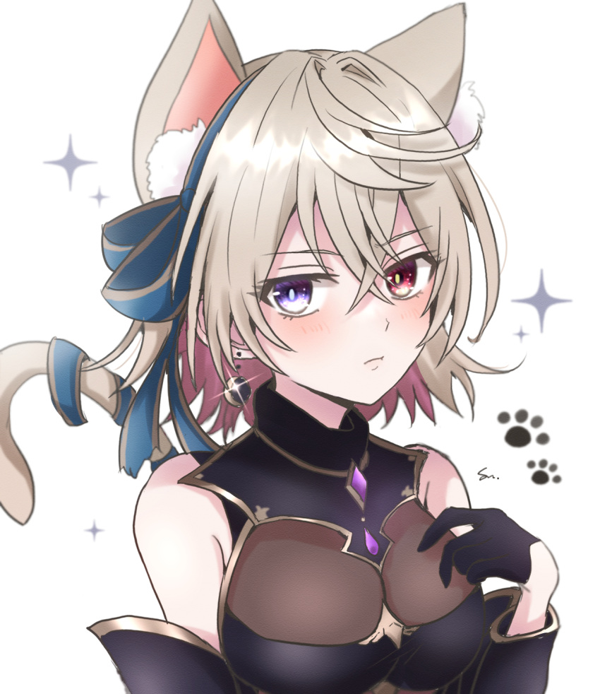 1girl, animal_ears, animal_hands, black_gloves, blue_ribbon, breasts, cat_ears, cat_paws