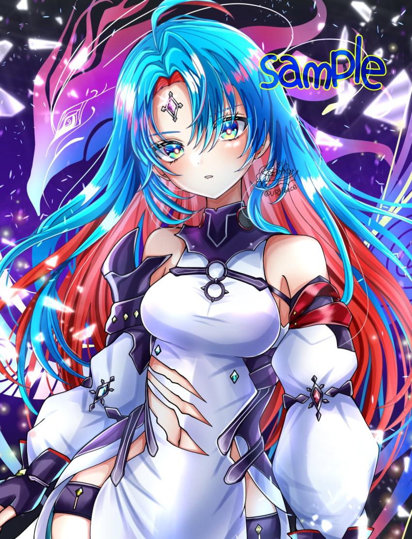 1girl, ahoge, bird, blue_eyes, blue_hair, breasts, colored_inner_hair, detached_sleeves