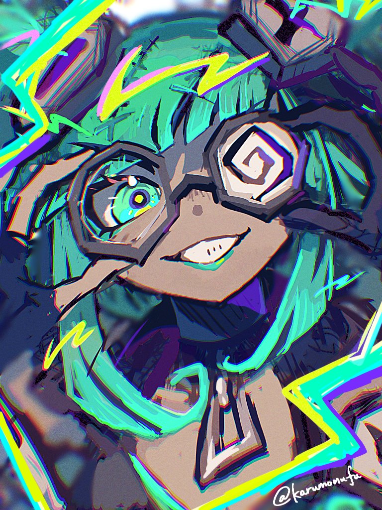 adjusting_eyewear, black_gloves, blunt_bangs, bolt_(hardware), coke-bottle_glasses, colored_skin, electricity, electrokinesis