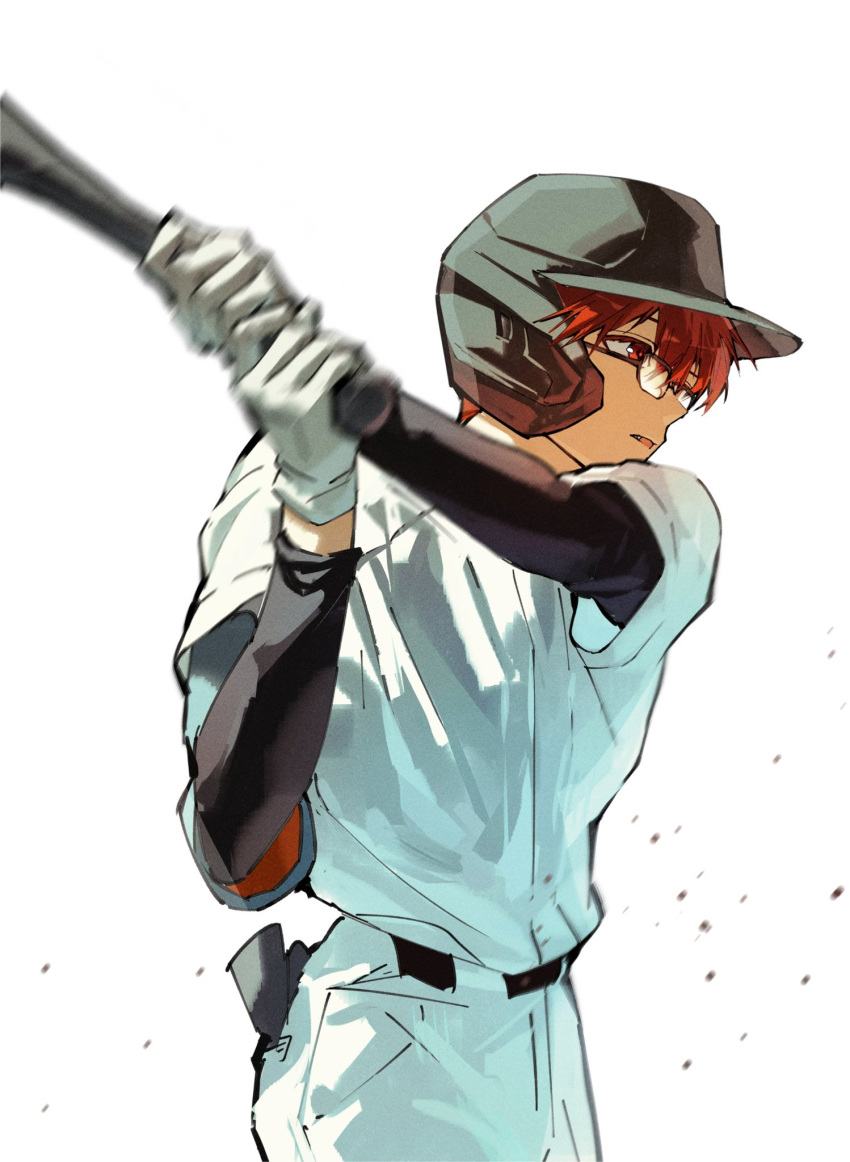 1boy, baseball_bat, baseball_helmet, baseball_uniform, belt, black_helmet, boukyaku_battery, chihaya_shunpei, commentary, cowboy_shot, d20withrain, hair_between_eyes, hashtag-only_commentary, helmet, highres, holding, holding_baseball_bat, layered_sleeves, long_sleeves, looking_ahead, male_focus, pants, parted_lips, profile, red_eyes, redhead, shirt, shirt_tucked_in, short_hair, short_over_long_sleeves, short_sleeves, simple_background, solo, sportswear, swinging, white_background, white_pants, white_shirt
