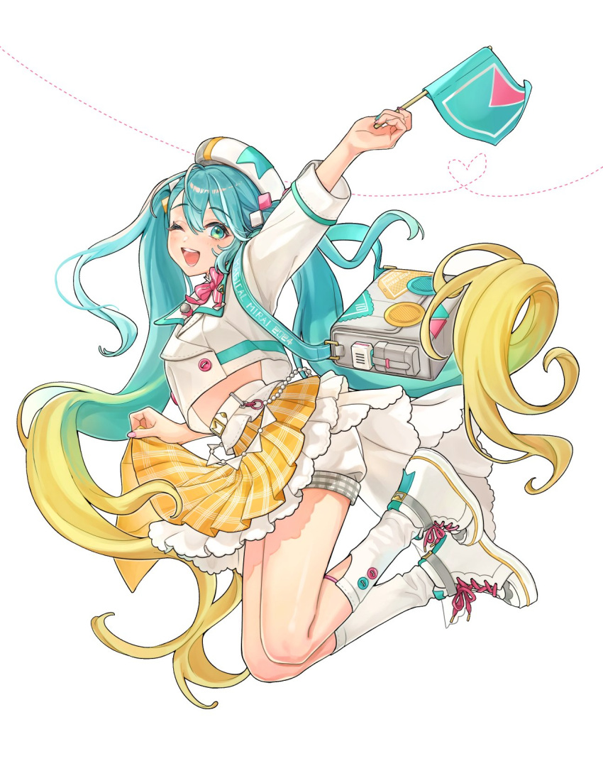 1girl, aqua_eyes, aqua_hair, aqua_nails, arm_at_side, arm_up, asymmetrical_clothes, asymmetrical_skirt