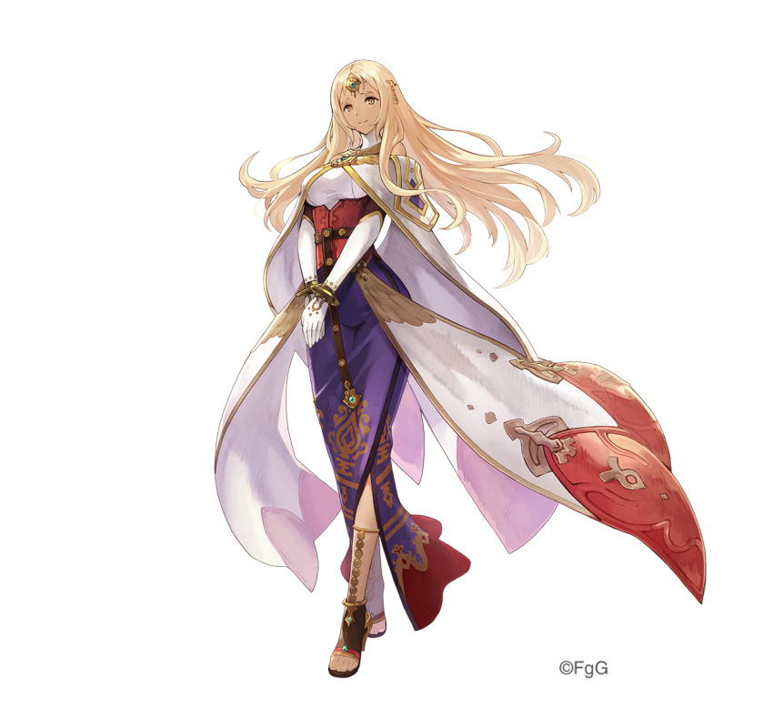 1girl, bare_shoulders, blonde_hair, closed_mouth, dare_ga_tame_no_alchemist, dark-skinned_female, dark_skin, full_body, gloves, hair_ornament, highres, long_hair, long_sleeves, looking_at_viewer, nefertiti_(dare_ga_tame_no_alchemist), no_socks, official_art, omori_yoshiwo, sandals, second-party_source, simple_background, smile, solo, standing, transparent_background, turtleneck, white_gloves, yellow_eyes