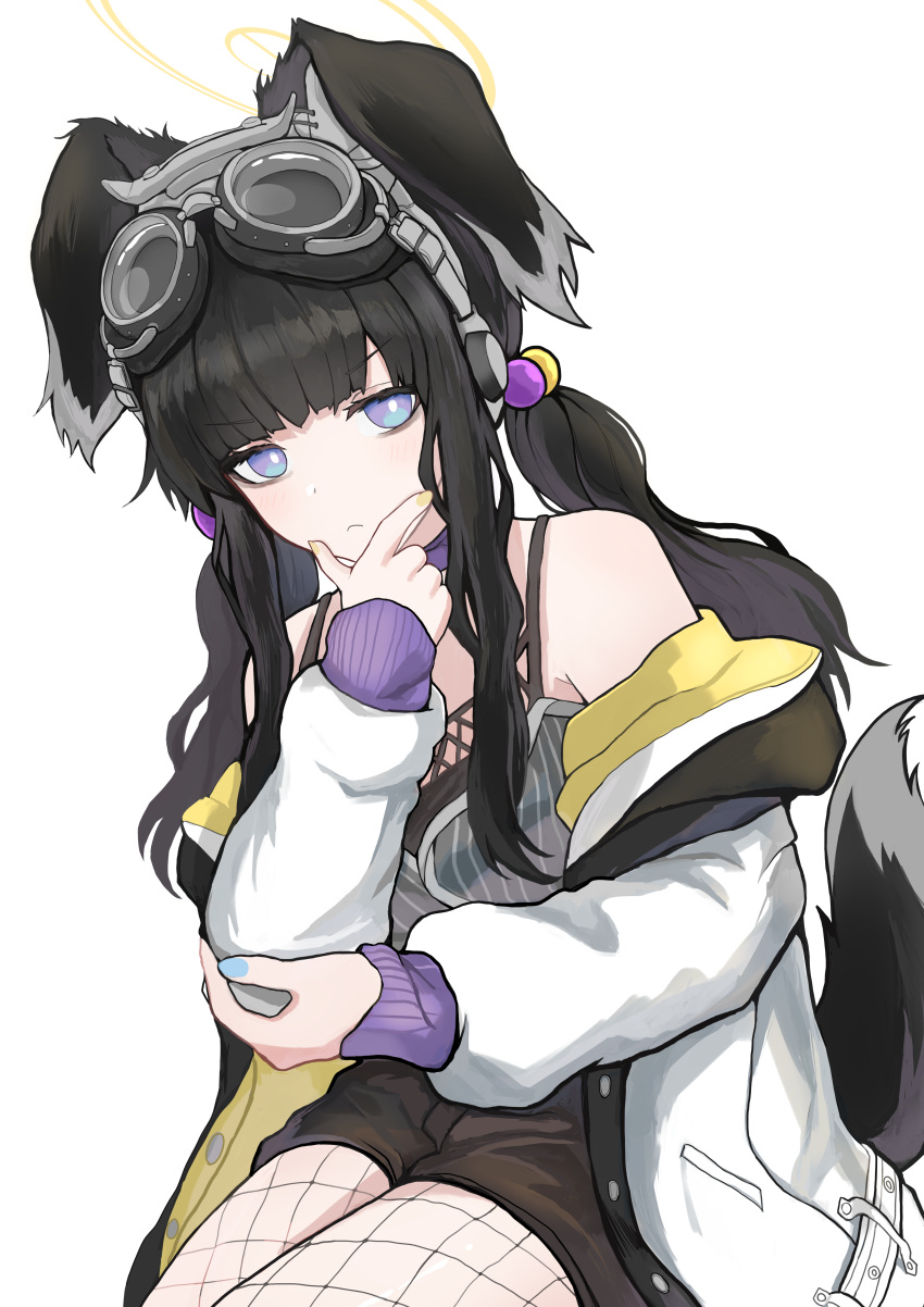 1girl, absurdres, animal_ears, bare_shoulders, black_hair, black_shorts, blue_archive, blue_nails, bright_pupils, commentary_request, cowboy_shot, dog_ears, dog_tail, elbow_on_arm, fishnet_pantyhose, fishnets, goggles, goggles_on_head, hair_bobbles, hair_ornament, halo, hand_up, hibiki_(blue_archive), highres, jacket, looking_at_viewer, low_twintails, mitsumoto_amata, nail_polish, off_shoulder, pantyhose, shorts, simple_background, solo, spaghetti_strap, tail, thinking, twintails, white_background, white_jacket, white_pupils, yellow_halo, yellow_nails
