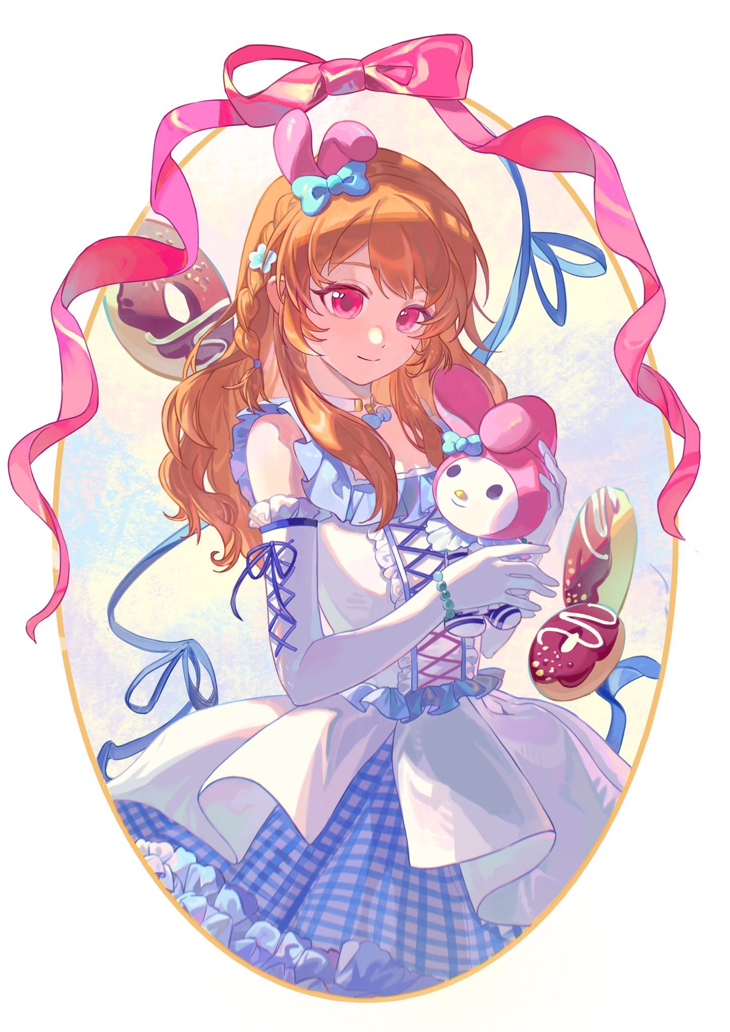 1girl, aikatsu!, aikatsu!_(series), blue_bow, blue_dress, blue_ribbon, bow, braid, choker, dot_nose, doughnut, dress, elbow_gloves, food, frilled_dress, frilled_gloves, frills, gingham_dress, gloves, highres, holding, holding_stuffed_toy, light_smile, long_hair, my_melody, nero_(nerolinsummer), onegai_my_melody, orange_hair, outdoors, oval_image, ozora_akari, pink_bow, pink_ribbon, red_eyes, ribbon, sanrio, sidelocks, simple_background, solo, standing, stuffed_animal, stuffed_toy, two-tone_dress, white_background, white_choker, white_dress, white_gloves