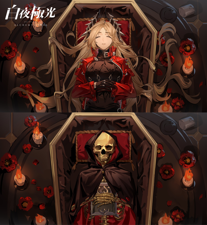 1girl, absurdres, alchemy_stars, black_cape, black_gloves, black_shirt, blonde_hair, box, candle, cape, closed_eyes, coffin, copyright_name, fire, flower, from_above, gloves, hair_spread_out, hand_on_own_stomach, highres, hood, hooded_cape, horns, in_box, in_container, jacket, logo, long_hair, lying, official_art, on_back, own_hands_together, parted_lips, red_flower, red_jacket, shirt, skeleton, skull, solo, upper_body, very_long_hair, victoria_(alchemy_stars), wufaxianshi_cnd