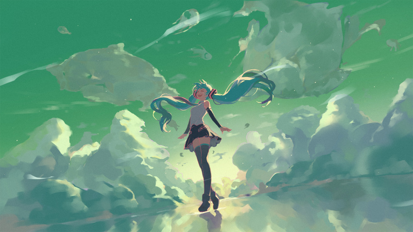 1girl, aqua_hair, arms_at_sides, backlighting, bare_shoulders, black_footwear, black_skirt, black_sleeves