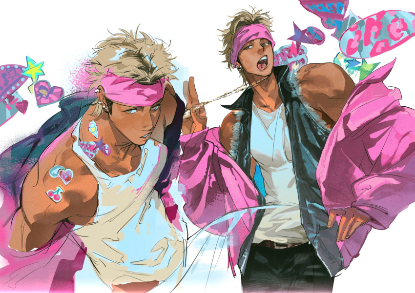 1boy, atie1225, bare_shoulders, black_pants, black_vest, blonde_hair, cherry, collarbone, commentary, ear_piercing, earrings, english_commentary, food, fruit, headband, heart, highres, holding, holding_jewelry, holding_necklace, jacket, jacket_partially_removed, jewelry, long_sleeves, male_focus, multicolored_hair, multiple_earrings, multiple_views, necklace, original, pants, parted_lips, piercing, pink_headband, pink_jacket, simple_background, sleeves_past_wrists, solo, star_(symbol), sticker, sticker_on_shoulder, tan, tank_top, teeth, tongue, tongue_out, tongue_piercing, two-tone_hair, upper_teeth_only, vest, white_background, white_tank_top, yellow_eyes