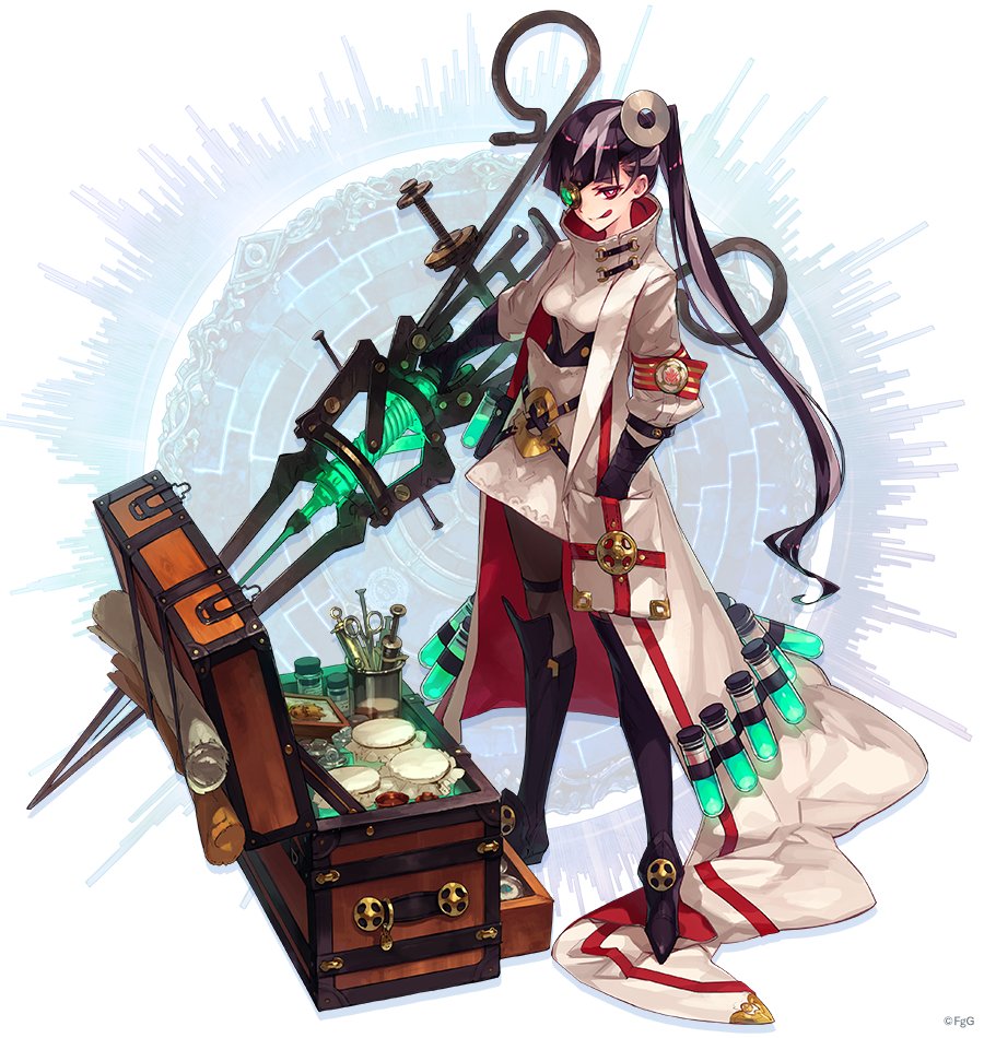 1girl, black_hair, boots, brown_pantyhose, commentary_request, da-kuro, dare_ga_tame_no_alchemist, doctor, full_body, grey_hair, hair_behind_ear, hand_in_pocket, jacket, licking_lips, long_hair, looking_at_viewer, multicolored_hair, natalie_(dare_ga_tame_no_alchemist), official_art, pantyhose, ponytail, red_eyes, scroll, second-party_source, simple_background, solo, test_tube, tongue, tongue_out, two-tone_hair, white_background, white_jacket