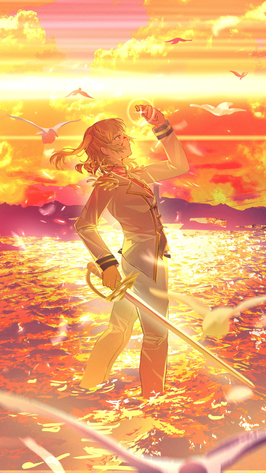1girl, absurdres, aijou_karen, arm_up, bird, blood, blood_on_face, blurry