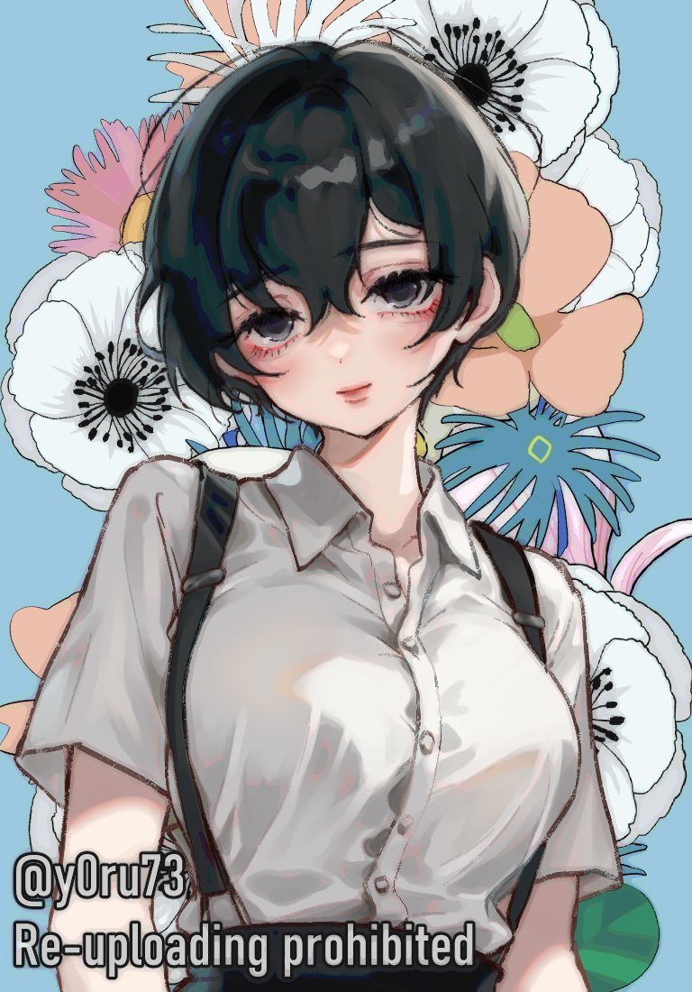 1girl, aegyo_sal, black_eyes, black_hair, blue_background, breasts, closed_mouth, collared_shirt