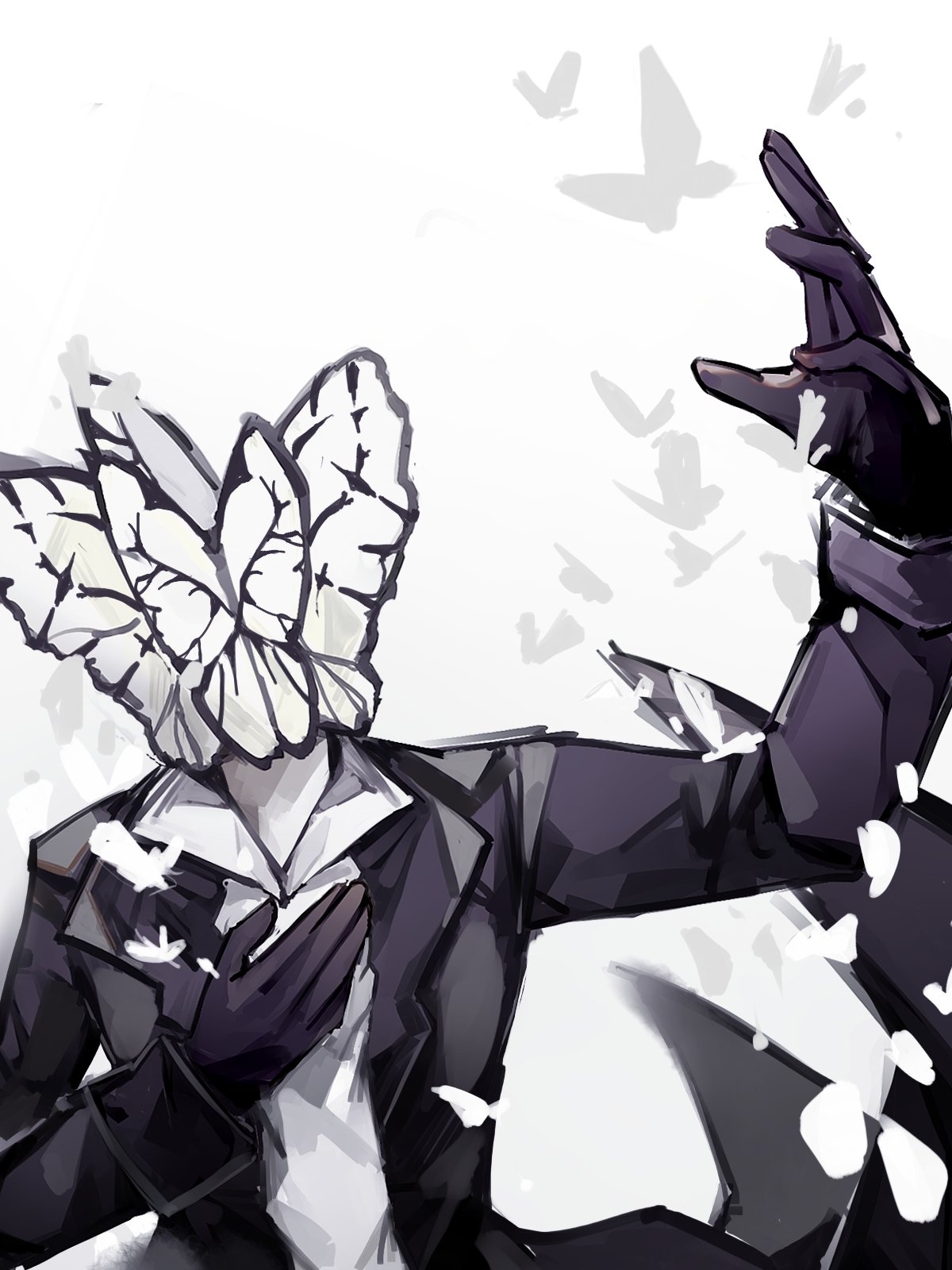 1boy, animal_head, arm_up, black_coat, black_gloves, bug, butterfly, coat