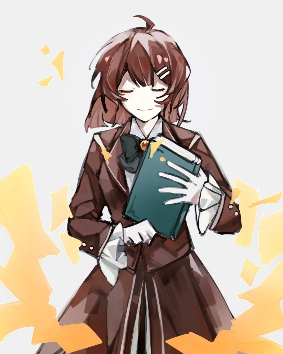 1girl, ahoge, book, bow, bowtie, brown_coat, brown_hair, brown_jacket