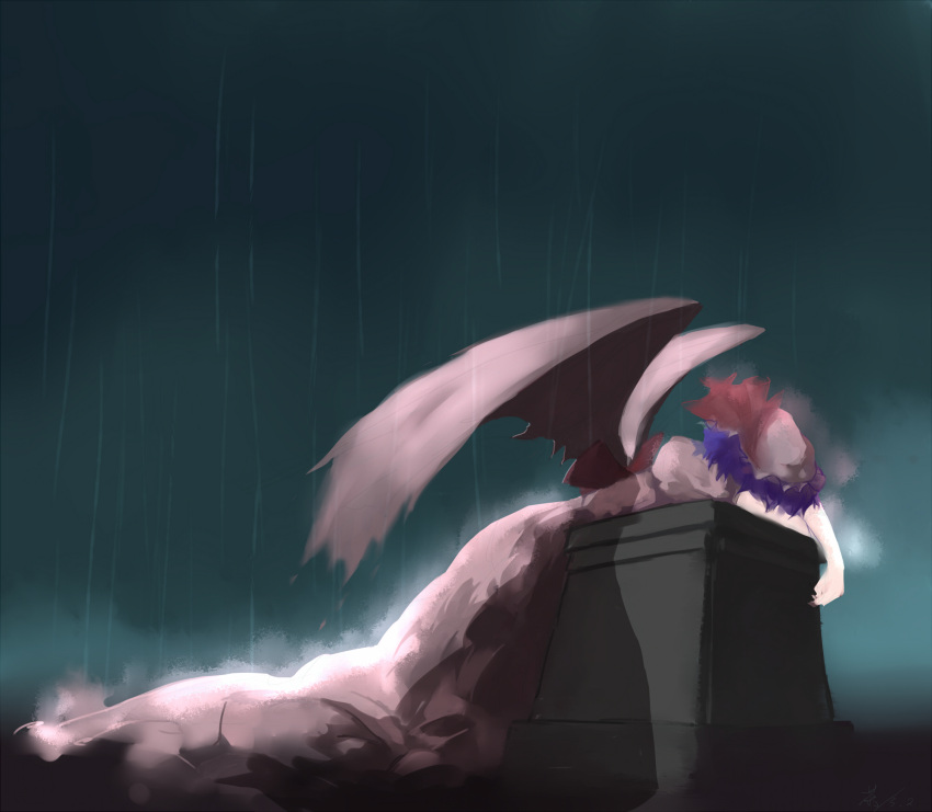 artist_request, cha, hat, highres, lying, purple_hair, rain, remilia_scarlet