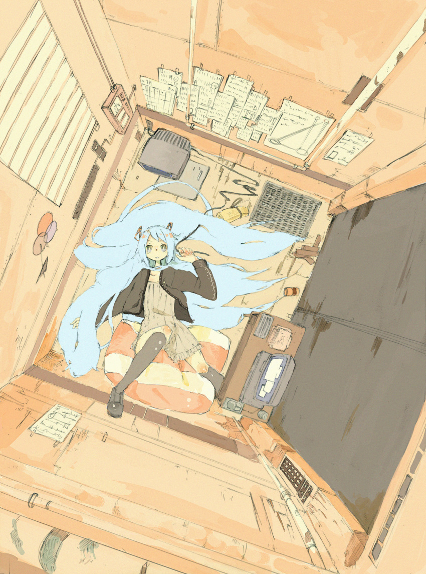 aqua_eyes, aqua_hair, computer, desk, dress, footwear, from_above, hatsune_miku, highres, indoors, jacket, long_hair, lying, mizu_denpa, omegatogepii, on_back, pillow, room, socks, solo, twintails, very_long_hair, vocaloid