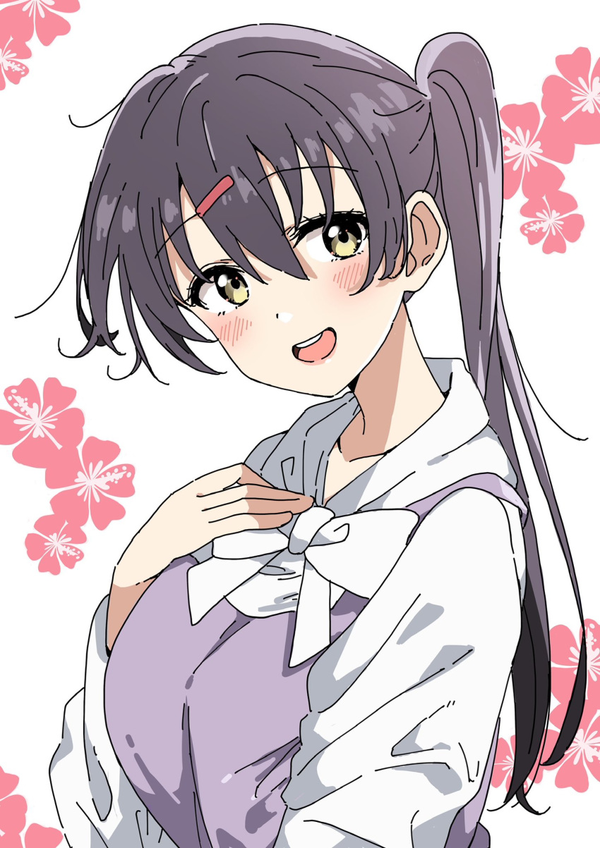1girl, :d, akamine_ten, bien_(djpwjd1), black_hair, blush, breasts, collarbone