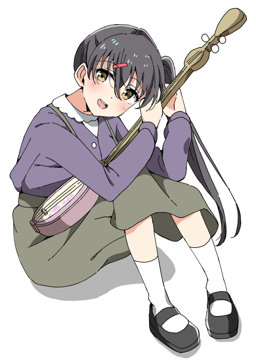 1girl, :d, akamine_ten, bien_(djpwjd1), black_hair, brown_eyes, green_skirt, hair_between_eyes, hair_ornament, hairclip, highres, holding, holding_instrument, instrument, knees_up, long_hair, looking_at_viewer, love_live!, love_live!_nijigasaki_high_school_idol_club, love_live!_nijigasaki_high_school_idol_club_kanketsu-hen, mary_janes, medium_skirt, purple_shirt, shamisen, shirt, shoes, side_ponytail, simple_background, sitting, skirt, smile, socks, solo, teeth, upper_teeth_only, white_background, white_socks