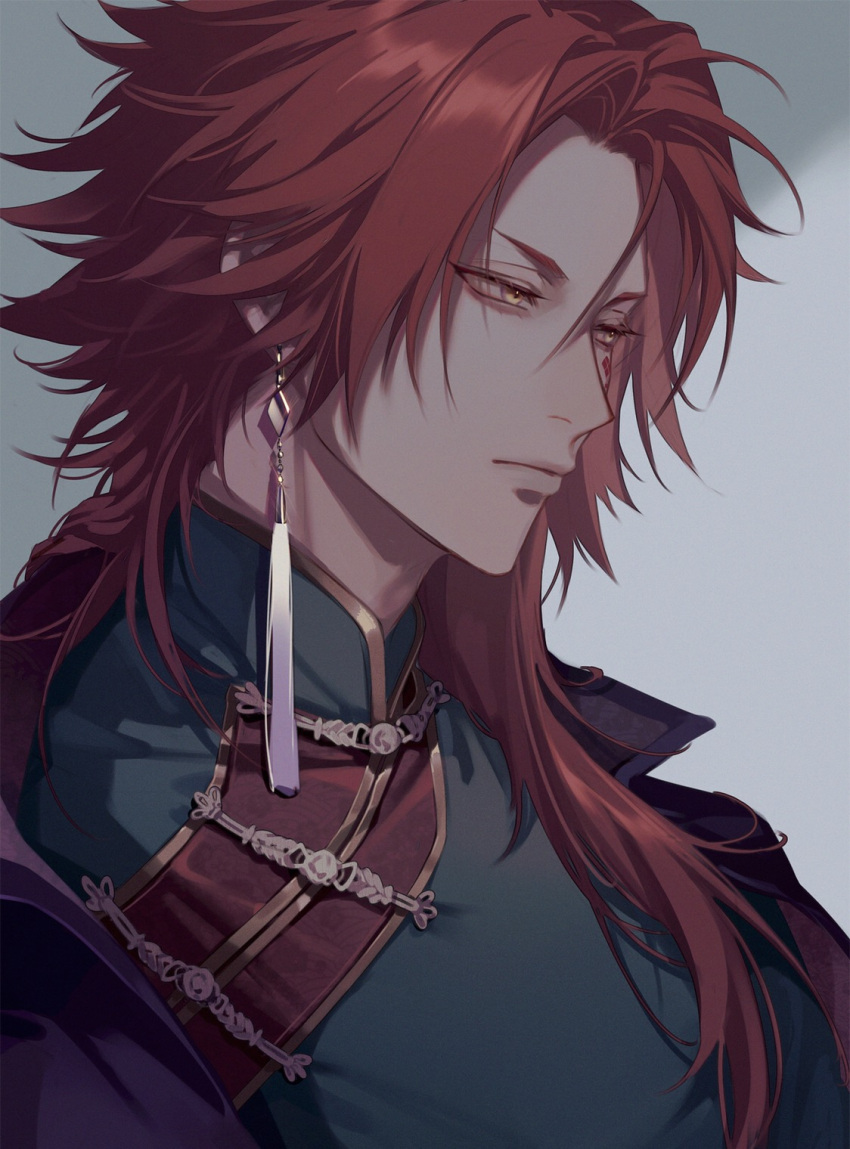 1boy, aqua_robe, changpao, chinese_clothes, closed_mouth, curtained_hair, earrings, expressionless