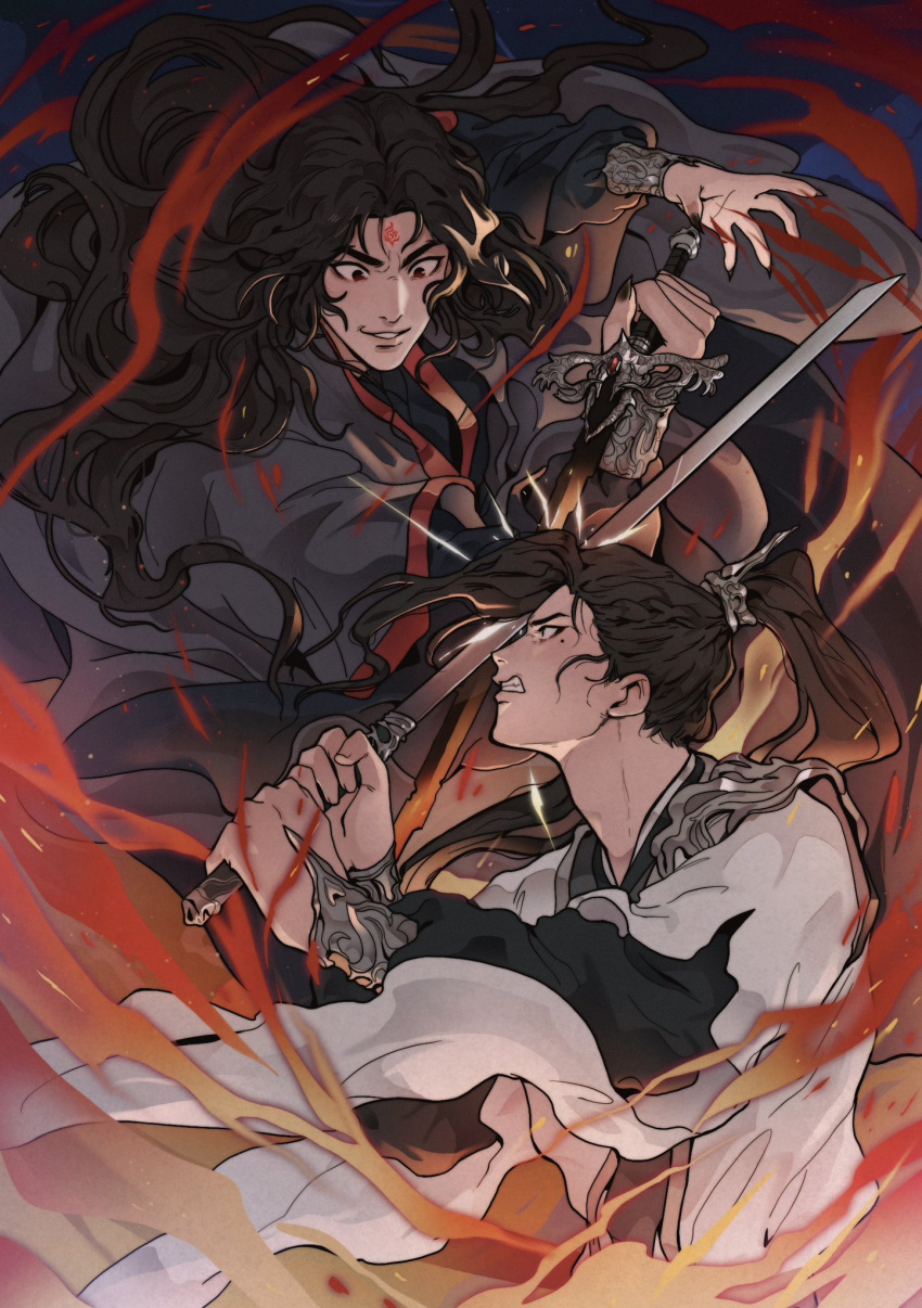 2boys, armor, black_eyes, black_hair, black_hanfu, bracer, chinese_clothes, clenched_teeth, commentary, djuney9, facial_mark, fingernails, fire, forehead_mark, grin, hanfu, high_ponytail, highres, holding, holding_sword, holding_weapon, liu_qingge, long_hair, long_sleeves, looking_at_another, looking_down, luo_binghe, male_focus, mole, mole_under_eye, multiple_boys, night, official_art, open_hand, red_eyes, renzha_fanpai_zijiu_xitong, sharp_fingernails, shoulder_armor, smile, sword, sword_clash, symbol-only_commentary, teeth, upper_body, weapon, white_hanfu, wide_sleeves, wind, wind_lift, xiao_guan_(headdress), zuiyin