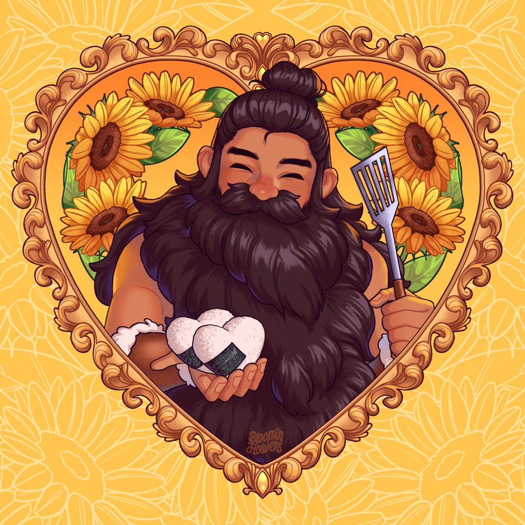 1boy, beard, black_hair, bloominflowers, dungeon_meshi, dwarf, facial_hair, flower, food, heart, holding, holding_food, holding_spatula, long_beard, onigiri, senshi_(dungeon_meshi), solo, spatula, sunflower, topknot, upper_body