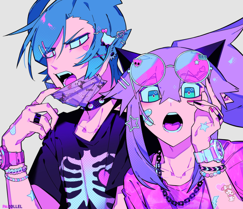 1boy, 1girl, adjusting_mask, aqua_eyes, artist_name, bandaid, bandaid_on_cheek, bandaid_on_face