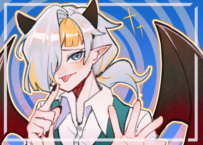 1girl, aqua_vest, black_horns, black_nails, black_wings, blonde_hair, closed_mouth, collared_shirt