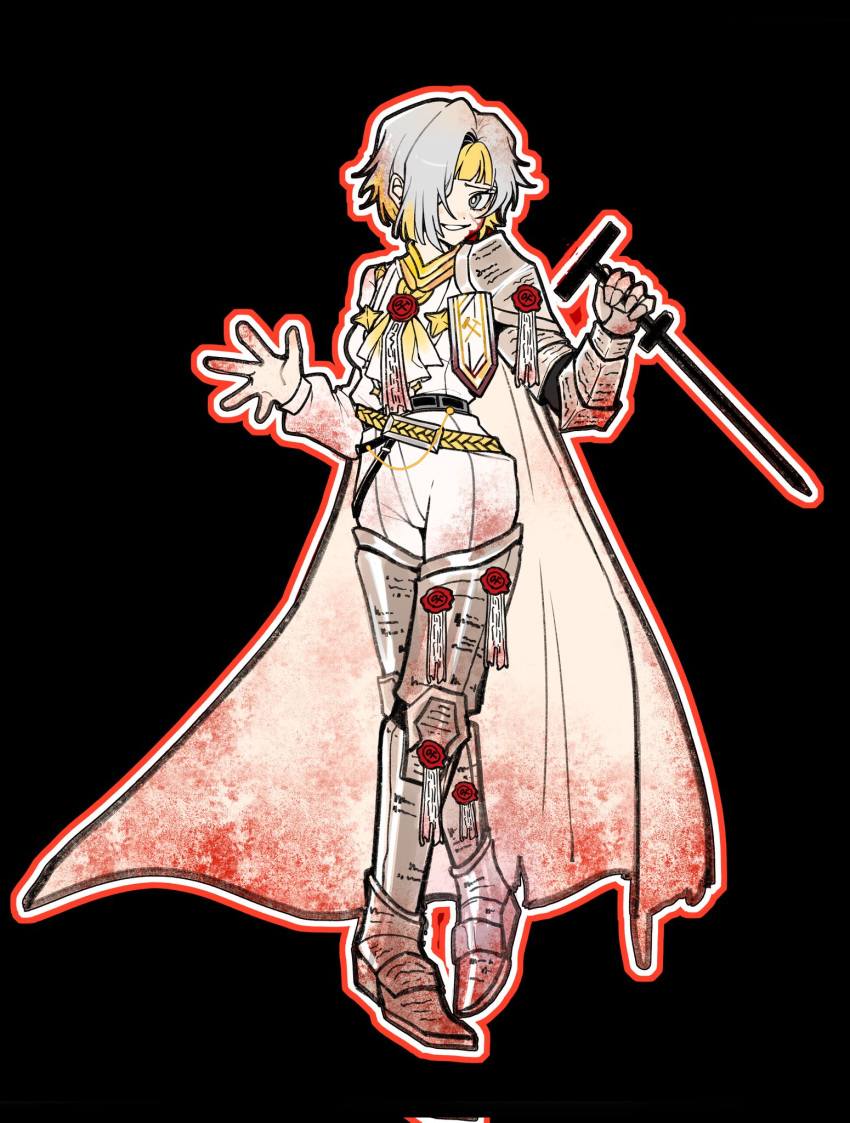 1girl, armored_boots, ascot, belt, black_background, black_belt, blood, blood_on_clothes
