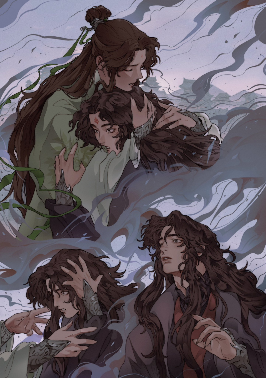 2boys, bindi, black_hanfu, black_nails, bracer, brown_eyes, brown_hair, chinese_clothes, closed_eyes, commentary, djuney9, fingernails, green_hanfu, hair_bun, hands_on_own_head, hanfu, highres, hug, long_hair, long_sleeves, looking_up, luo_binghe, male_focus, multiple_boys, multiple_views, official_art, open_mouth, parted_lips, reaching_towards_another, renzha_fanpai_zijiu_xitong, ribboned_xiao_guan, sharp_fingernails, shen_qingqiu, smoke, surprised, symbol-only_commentary, upper_body, wide-eyed, wide_sleeves, xiao_guan_(headdress), zuiyin