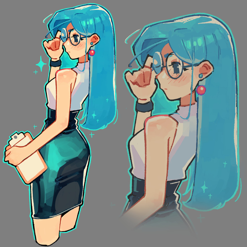 1girl, absurdres, black_skirt, blue_hair, blush, clipboard, earrings, glasses