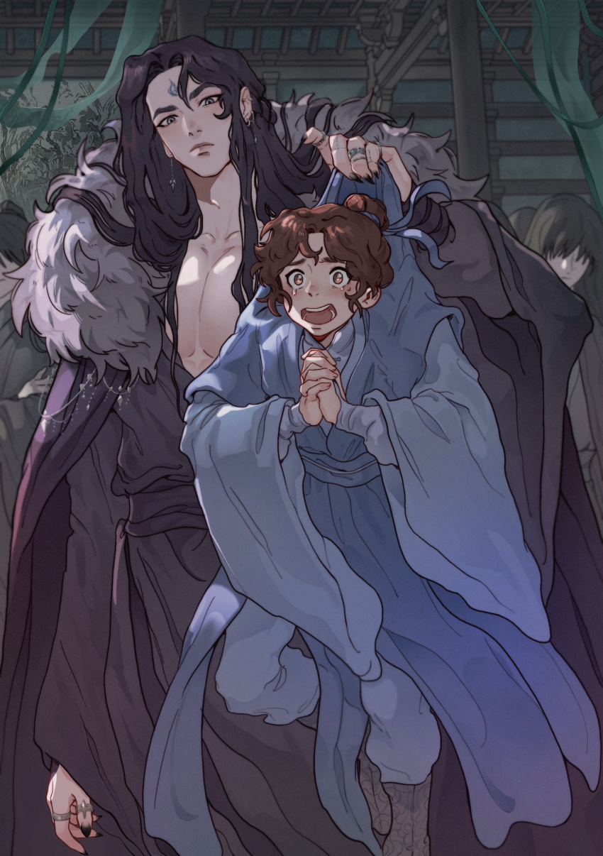 2boys, architecture, black_hair, black_hanfu, black_nails, blue_eyes, blue_hanfu, blue_ribbon