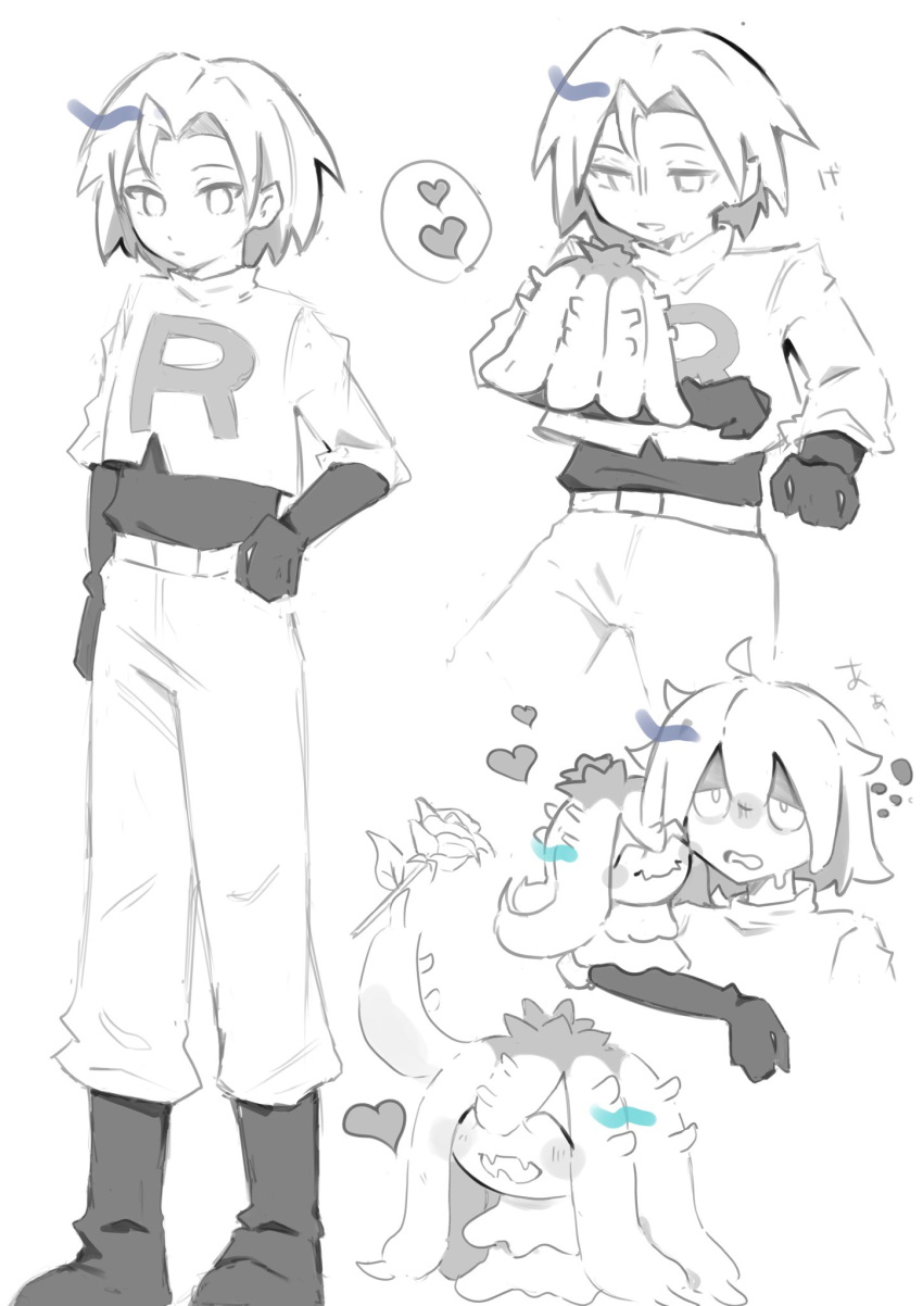 1boy, 3ksubak, boots, closed_eyes, flower, gloves, greyscale, happy