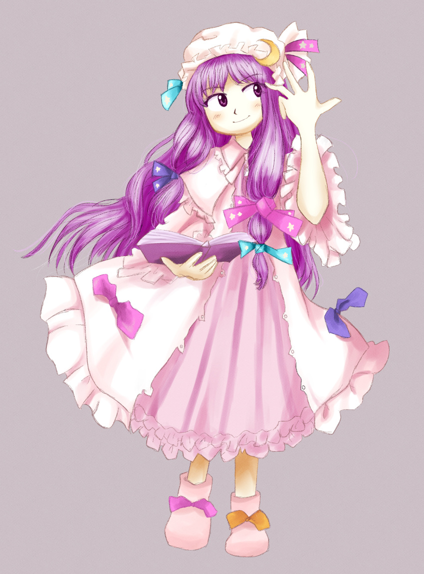 1girl, absurdres, blue_bow, book, bow, commentary, crescent, crescent_hat_ornament, dress, dress_bow, english_commentary, footwear_bow, full_body, gretelandcat, hair_bow, hat, hat_ornament, highres, holding, holding_book, long_hair, mob_cap, open_book, parody, patchouli_knowledge, pink_bow, pink_dress, pink_theme, purple_hair, simple_background, solo, standing, style_parody, touhou, violet_eyes, white_hat, zun_(style)